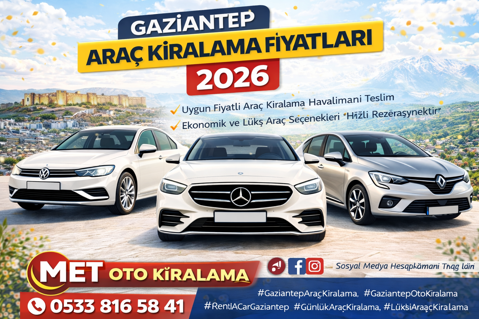 Gaziantep Araç Kiralama Fiyatları 2026  Günlük Haftalık ve Aylık Güncel Rehber